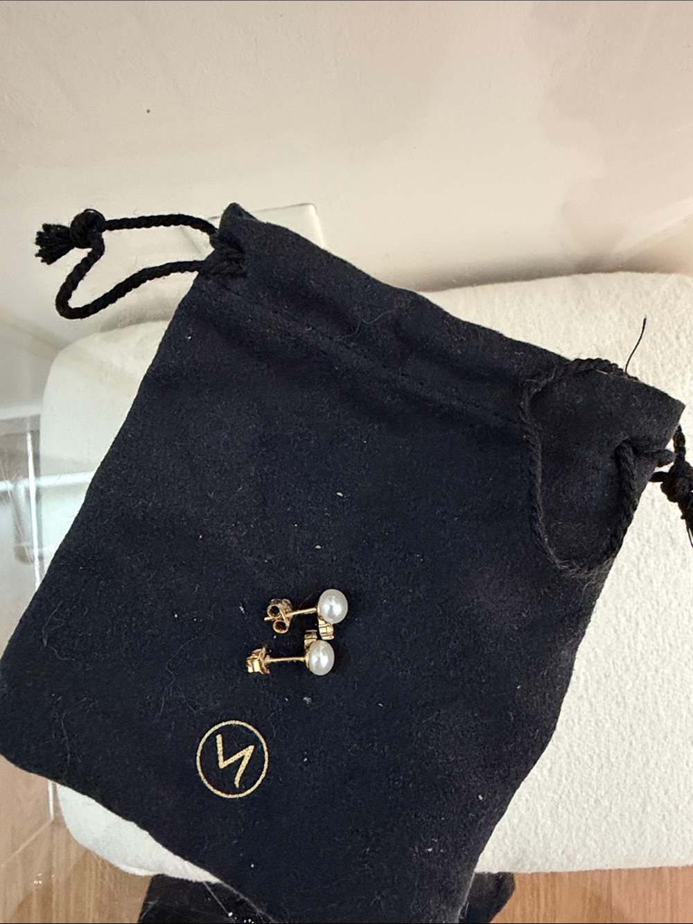 Mejuri Gold Tone Faux Pearl Stud Earrings with Black Drawstring Pouch - Picture 3 of 3